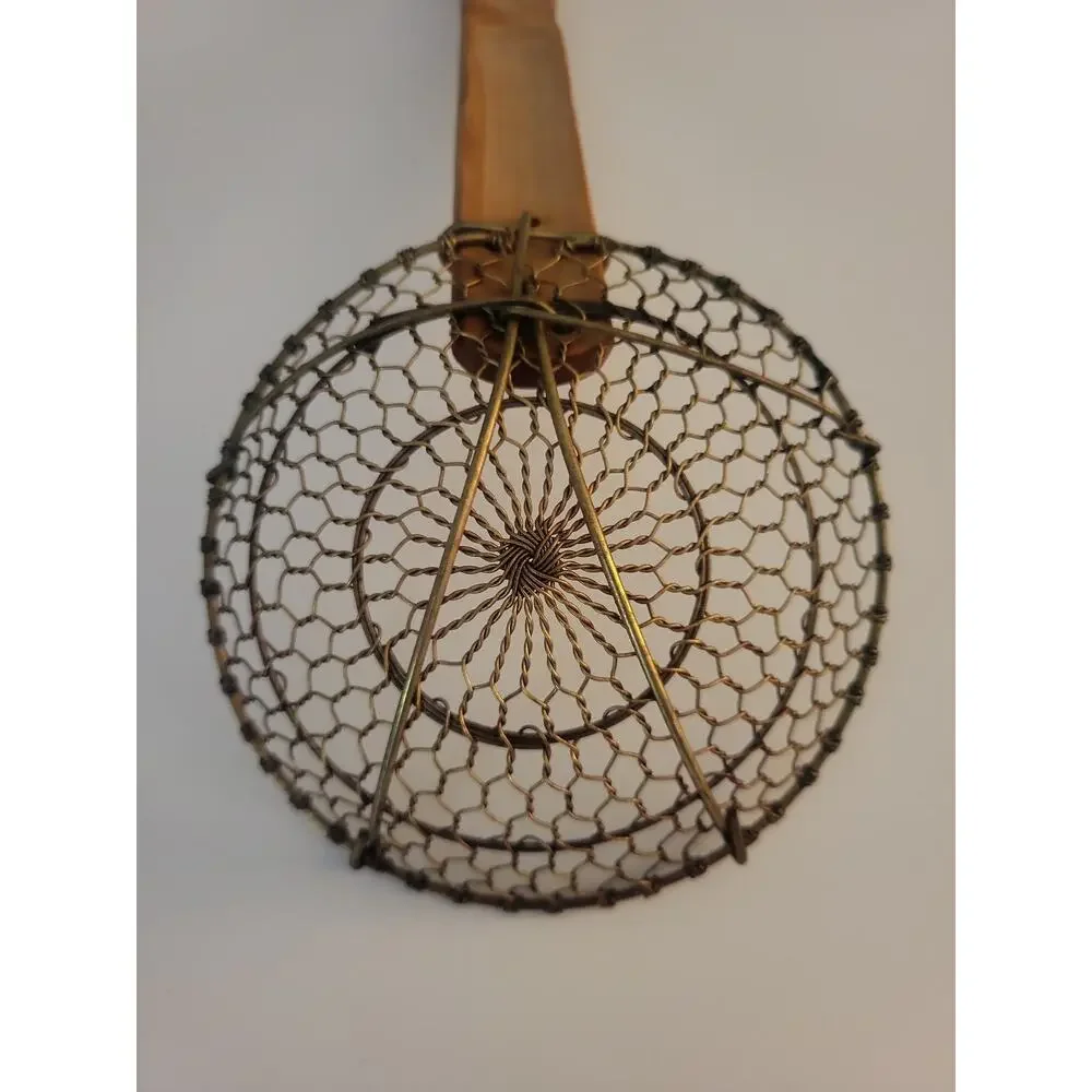 TWISTED COPPER WIRE SKIMMER STRAINER COLANDER WOOD HANDLE 15